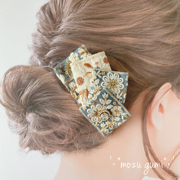 インド刺繍リボンのバレッタ(ライトブルー×オフホワイト+