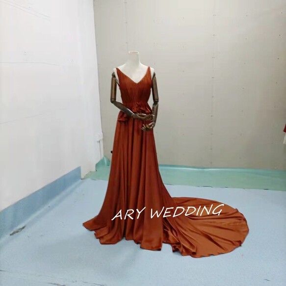 とろみシフォンサテンドレス テラコッタ パーティードレス　カラードレス  お呼ばれ/二次会/前撮り