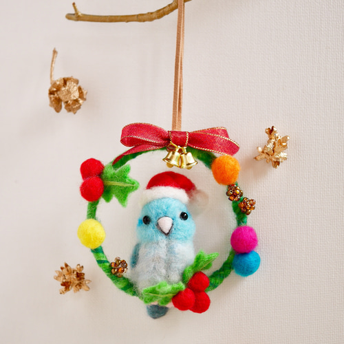 マメルリハの小さなクリスマスリース 羊毛フェルト インコとワンコ