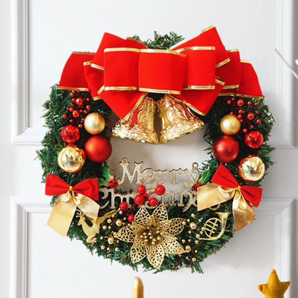 [早割クリスマス2023]クリスマスリース 玄関 クリスマスプレゼント 鐘の赤い結び目 6枚目の画像
