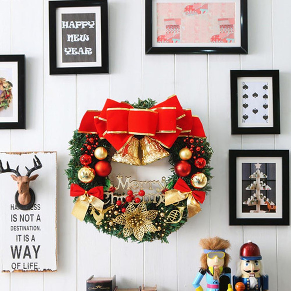 [早割クリスマス2023]クリスマスリース 玄関 クリスマスプレゼント 鐘の赤い結び目 4枚目の画像