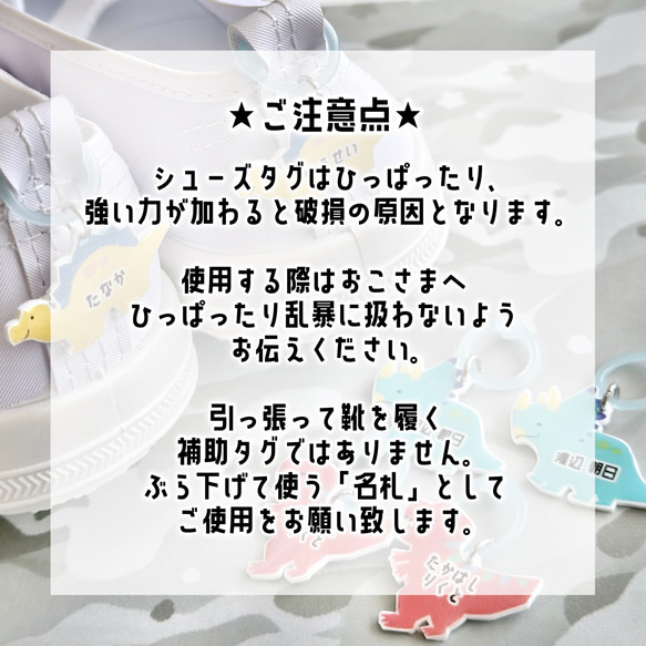 コミカルでカラフルな恐竜たち★ お名前入りのシューズタグ/ネームタグ 2枚目の画像