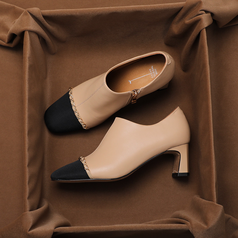 本革 ショートブーツ レディース ブーツ レディース靴 サイドジップ ブーティ ヒール キーヒール チャンキー vカット 5,040円