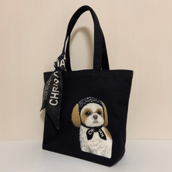 オリジナル シーズー トートバッグ 手描き  オリジナルイラスト 鞄  ペイズリー ほっかむり スカーフ 犬 黒 2枚目の画像