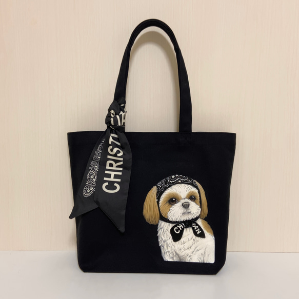 オリジナル シーズー トートバッグ 手描き  オリジナルイラスト 鞄  ペイズリー ほっかむり スカーフ 犬 黒 1枚目の画像