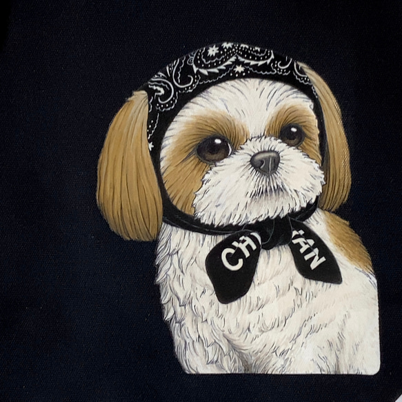 オリジナル シーズー トートバッグ 手描き  オリジナルイラスト 鞄  ペイズリー ほっかむり スカーフ 犬 黒 3枚目の画像