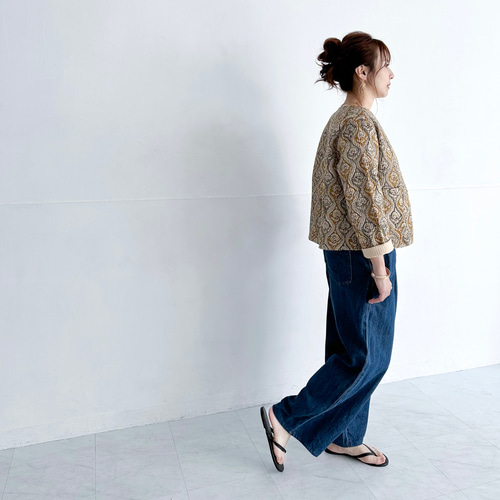 インド綿 ブロックプリントのキルティングジャケット〔マスタード