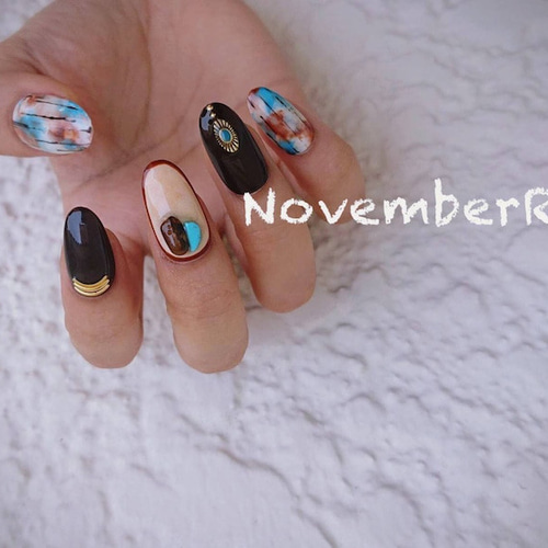 LA290☆ブラウン×ターコイズブルーのネイティブ系ニュアンスネイル