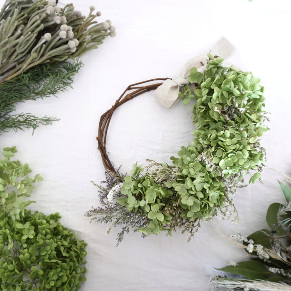 北海道アナベルのドライフラワーリース。ベルギーリネンリボン