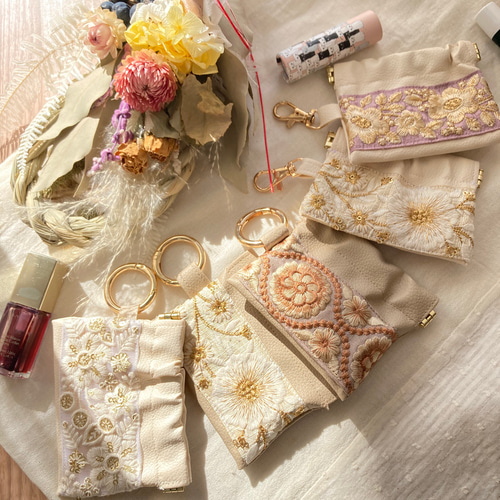 送料無料 インド刺繍リボン ゴミ袋ポーチ ばね口 ケース リップ