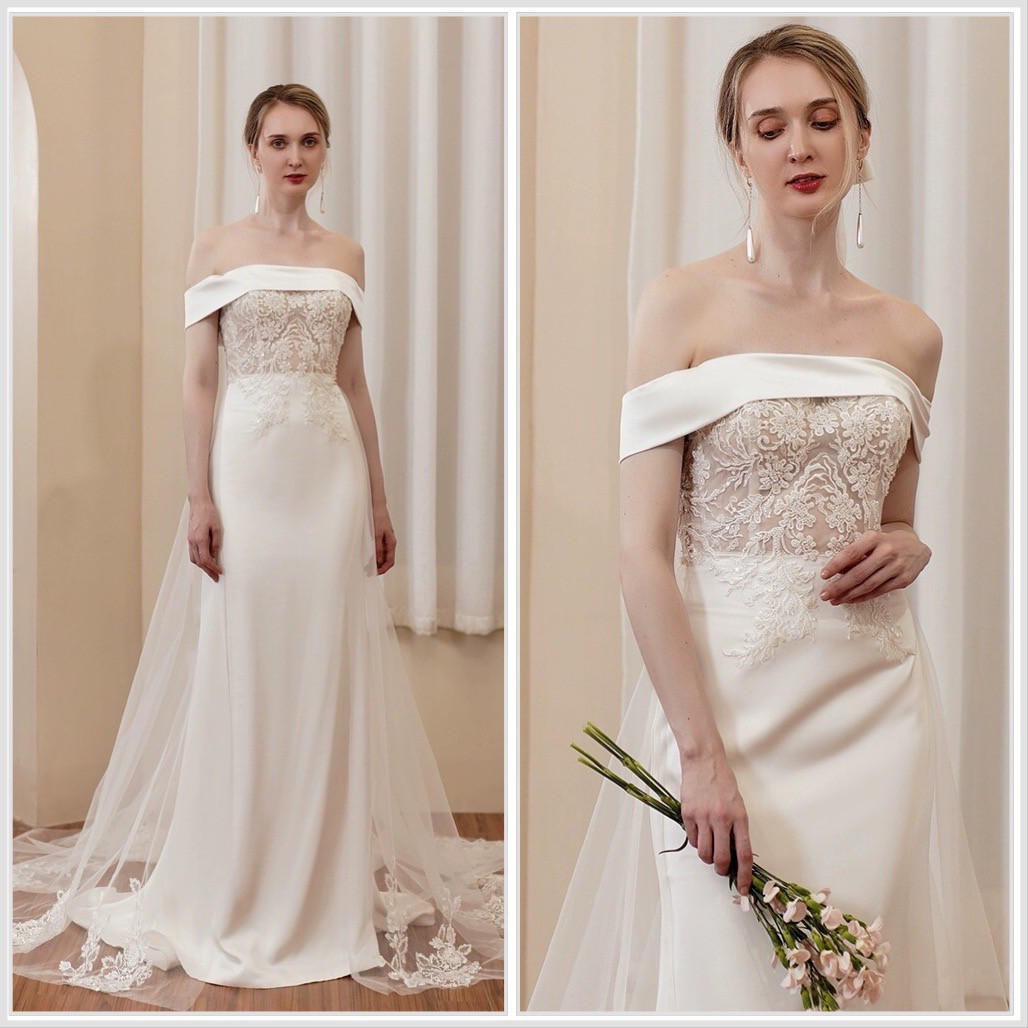 オフショルダー　スレンダー　前取り　ウェディングドレス