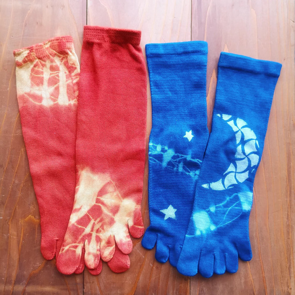 〘受注生産〙藍染め wild silk&organic moon socks*2set sale有✡月波5本指靴下 温活 3枚目の画像