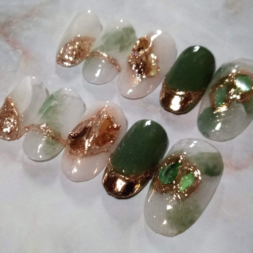 即購入NG】再販開始☆No.307 ネイルチップ オリーブ シンプル ラメ