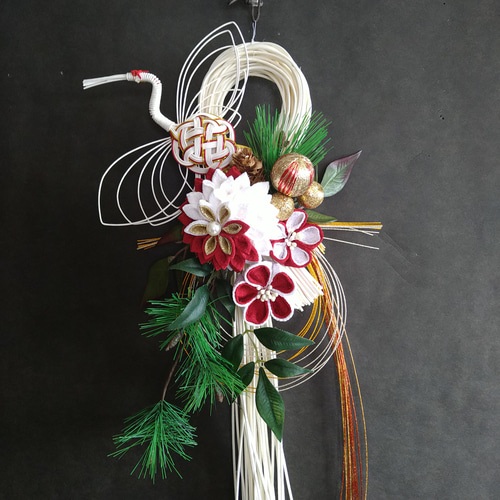 2024しめ飾り つまみ細工 鶴と重ね結び しめ縄・しめ飾り つまみ細工