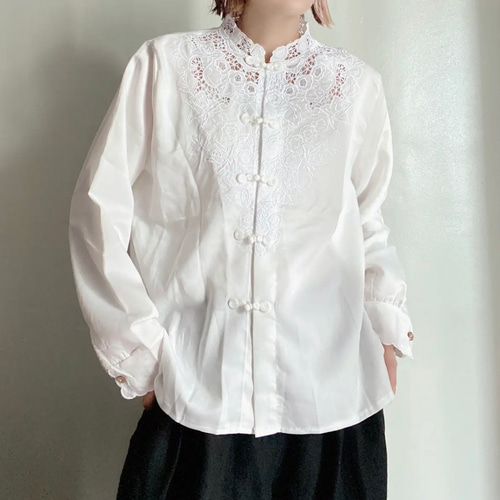 チャイナシャツ チャイナブラウス 白 ホワイト 古着 シースルー