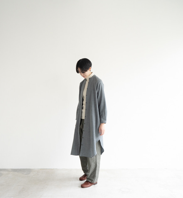 尾州産縮絨ウール/ ロングシャツワンピース/long shirt one piece/gray 4枚目の画像