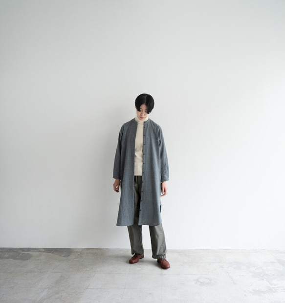 尾州産縮絨ウール/ ロングシャツワンピース/long shirt one piece/gray 3枚目の画像