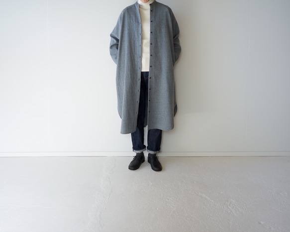 尾州産縮絨ウール/ ロングシャツワンピース/long shirt one piece/gray 9枚目の画像