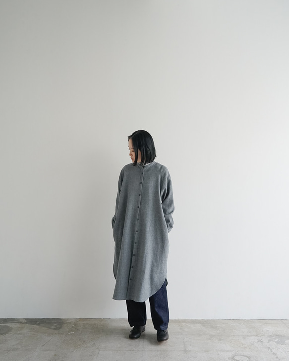 尾州産縮絨ウール/ ロングシャツワンピース/long shirt one piece/gray 6枚目の画像