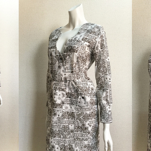 1点もの・デザイン画付き】綿パッチワーク生地湾曲前開きワンピース  