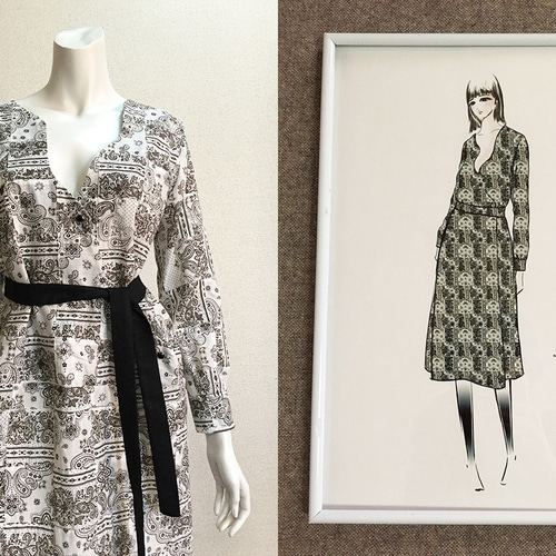 1点もの・デザイン画付き】綿パッチワーク生地湾曲前開きワンピース  