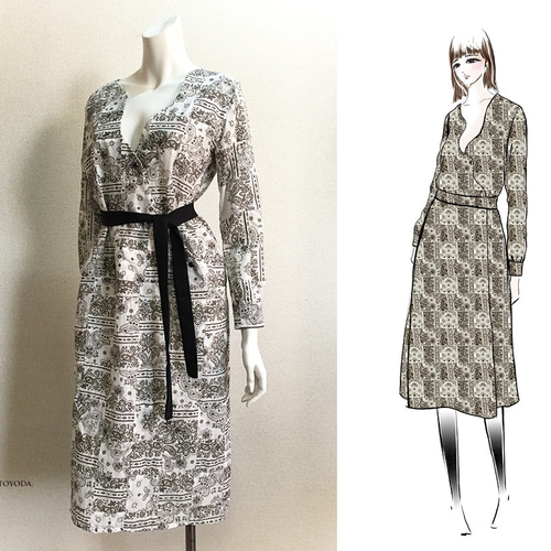 1点もの・デザイン画付き】綿パッチワーク生地湾曲前開きワンピース  