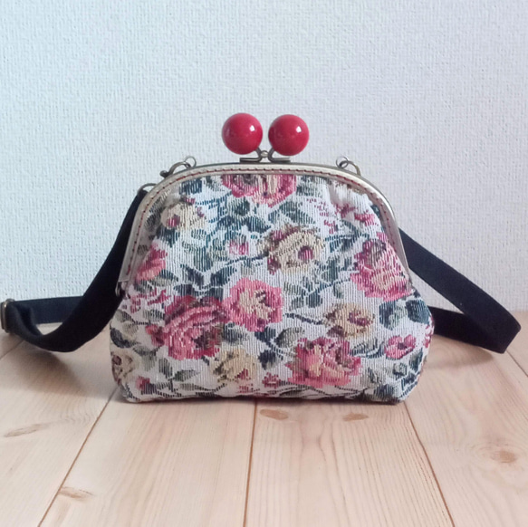 上品 薔薇柄ゴブラン調 大玉がまぐちショルダーバッグ スマホ がま口 ショルダーバッグ