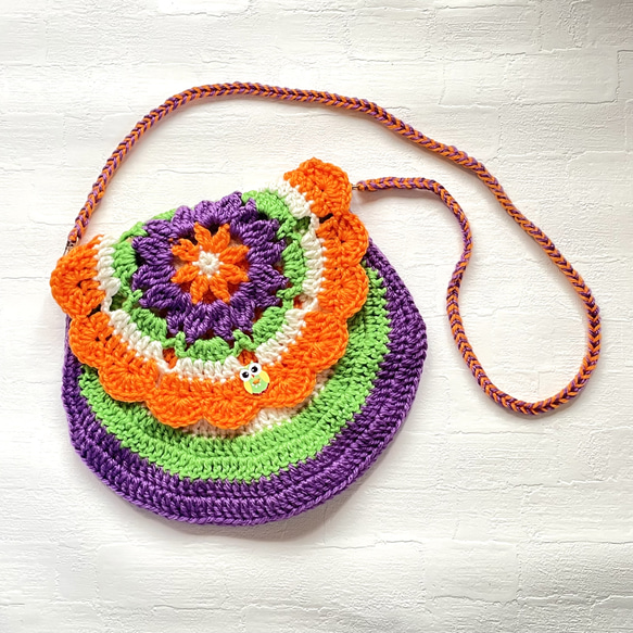 かぎ針編みのカラフルバッグ☆orange・purple ポシェット もんかん手芸