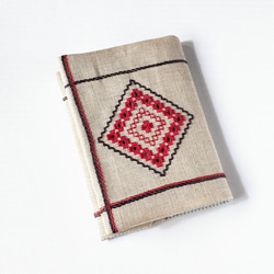 リネン  手刺繍のブックカバー   赤&茶  (A6/文庫本) 3枚目の画像
