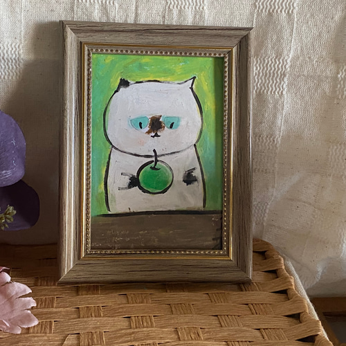 シャム猫の絵 水彩画 原画 額付き「白い薔薇とシャム猫