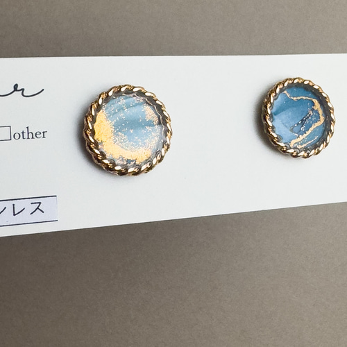 1点のみ】アルコールインクアート ブルー ラウンド ピアス 世界で一つ  