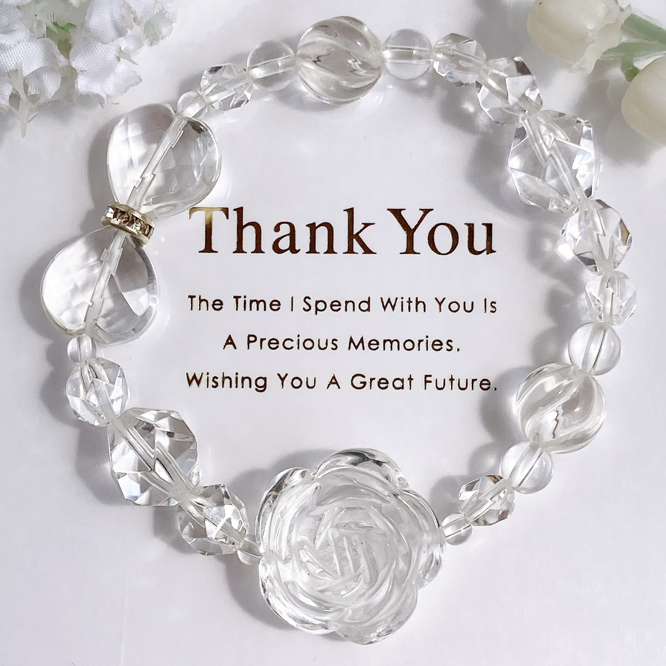 大粒水晶薔薇キラキラリボン天然石ブレスレット