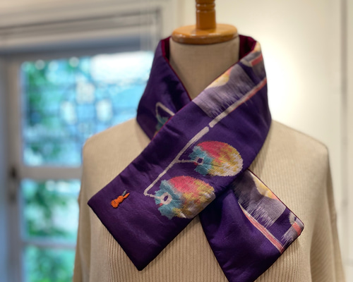 着物リメイク　マフラー　のりさんページ 銘仙×別珍の小さな襟巻き（エンジ）着物 古布 リメイク ストール プチ