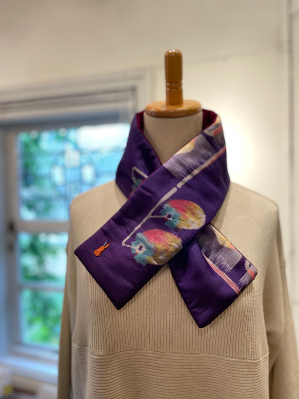 襟巻き 銘仙×別珍の小さな襟巻き（エンジ）着物 古布 リメイク ストール プチ