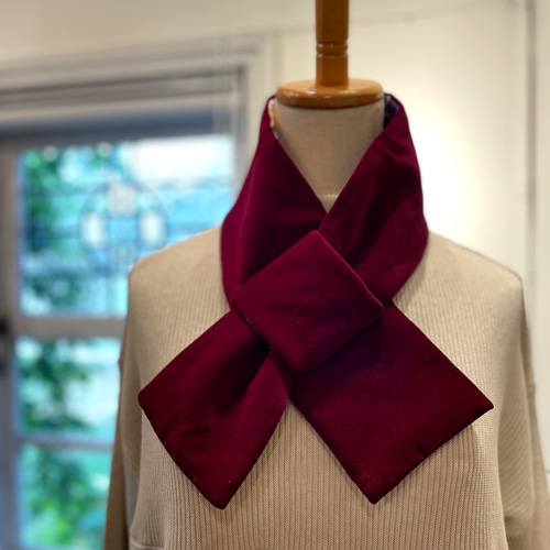 銘仙×別珍の小さな襟巻き（エンジ）着物 古布 リメイク ストール プチ