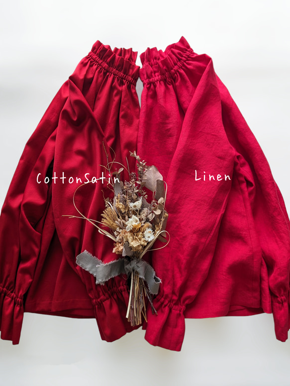 赤　控えめな艶のサテンフリルブラウス（フォーマル＆普段使い） 9枚目の画像