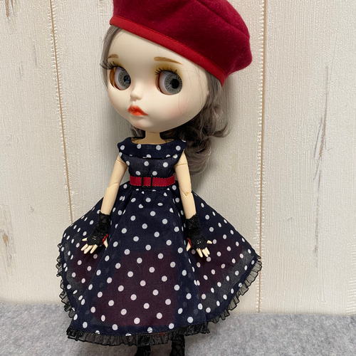 22cmドールさんワンピース 綿ローン紺水玉 No.0174 ブライス