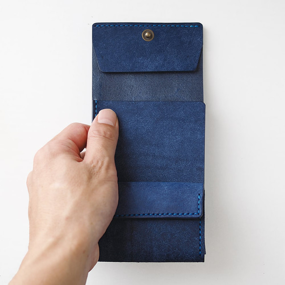 三折皮夾，不折疊鈔票，小號 [藍色] 品牌男士女士鑰匙緊湊型皮革皮革 第6張的照片