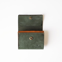 不折鈔票的小三折皮夾 [綠色 x 棕色] 品牌男士女士鑰匙緊湊型皮革皮革 第2張的照片