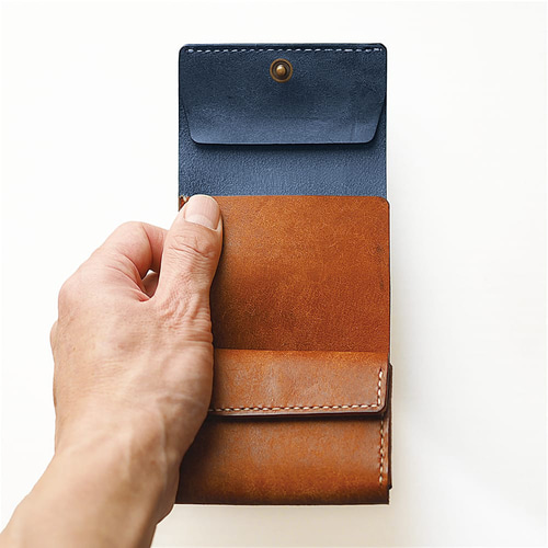 使いやすい 三つ折り財布 【ブルー×ブラウン】 革 メンズ レディース