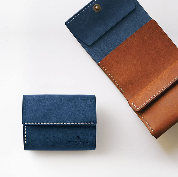 使いやすい 三つ折り 財布 小さい 【ブルー×ブラウン】 ブランド メンズ レディース 鍵 コンパクト 革 1枚目の画像
