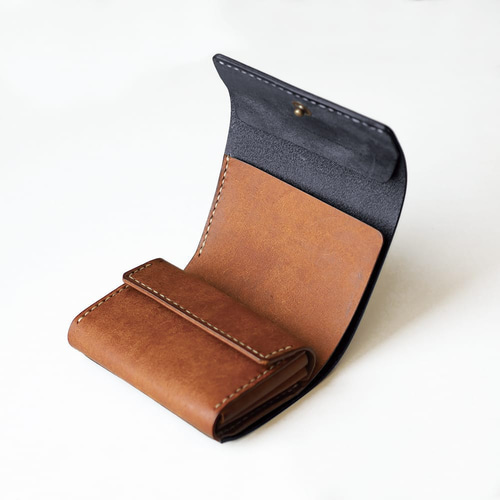 使いやすい 三つ折り財布 【ネイビー×ブラウン】 革 メンズ レディース