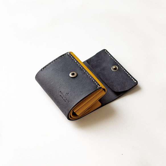 使いやすい 三つ折り 財布 小さい 【ネイビー×イエロー】 ブランド メンズ レディース 鍵 コンパクト 革 4枚目の画像