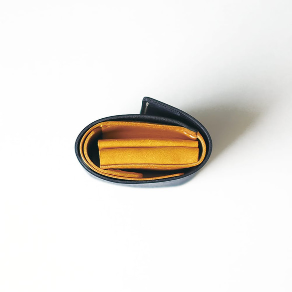 不折鈔票的小號三折皮夾 [海軍藍 x 黃色] 品牌男士女士鑰匙緊湊型皮革 第10張的照片