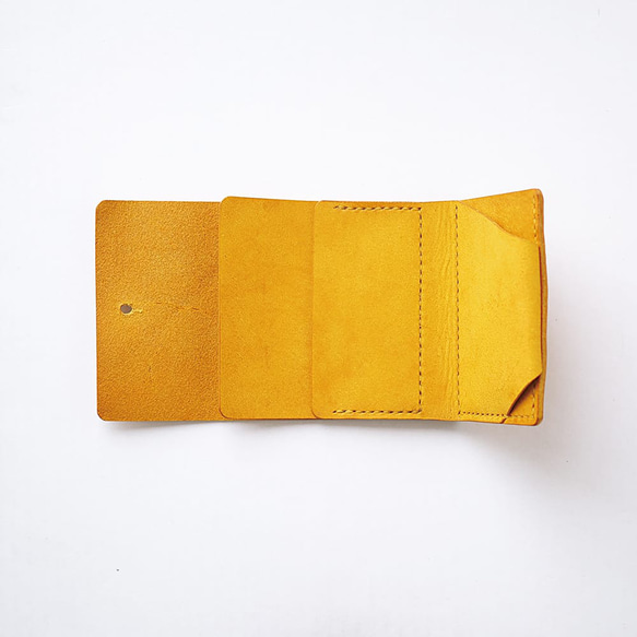 不折疊鈔票迷你皮夾【黃色】品牌男士女士鑰匙緊湊型皮革手工手工縫製 第6張的照片