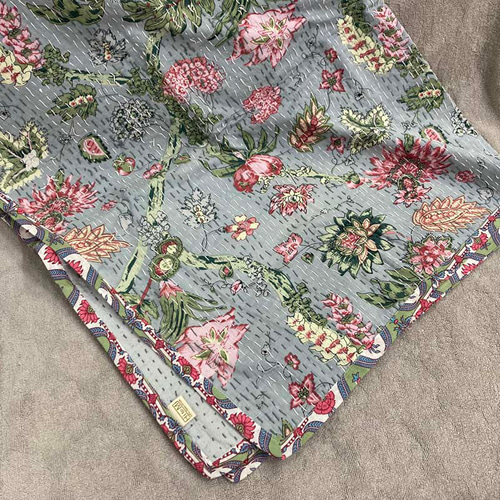 インドカンタ刺繍 ミニラグ グレーッシュボタニカル カーペット・絨毯 