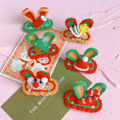 7in1手編み完成品 クリスマス立体うさ耳ヘアピン サンタヘアピン