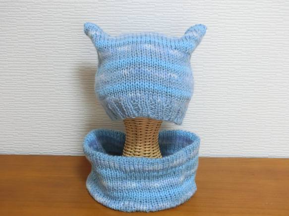 猫耳ニット帽＆ネックウォーマー　ブルー 4枚目の画像
