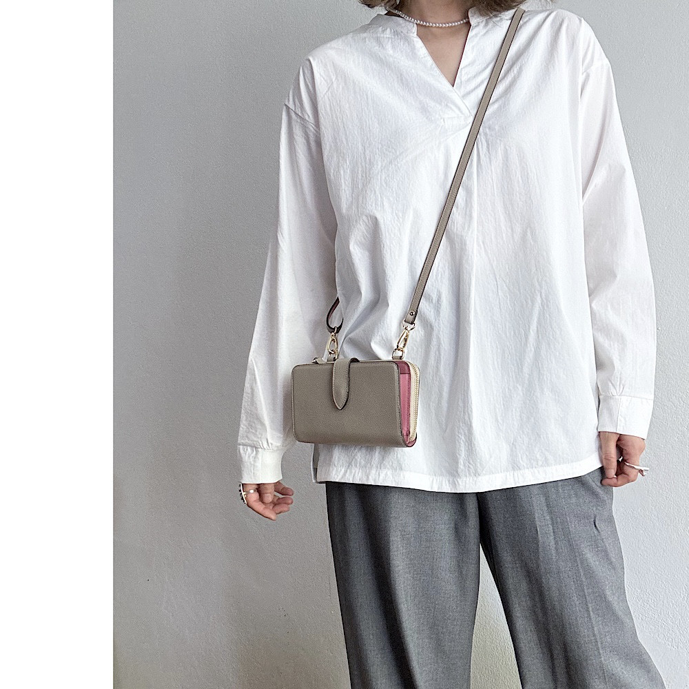 本革 　超軽量２６０グラム　お財布ショルダー　スマホショルダー　バイカラーL字型財布　お財布ポシェット　長財布