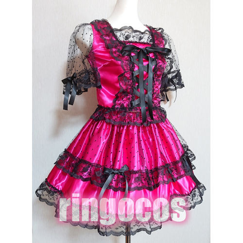 アイドル衣装 濃いピンク×黒 編み上げリボン オリジナル ハンドメイド  